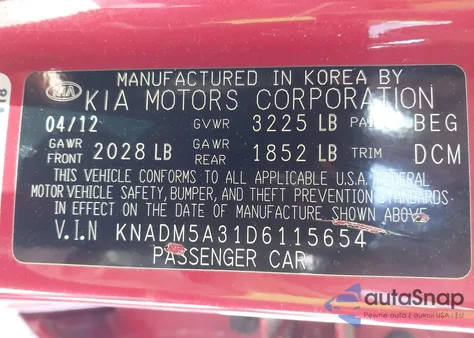 2013 Kia Rio Lx z USA, uszkodzony, nr VIN KNADM5A31D6115654